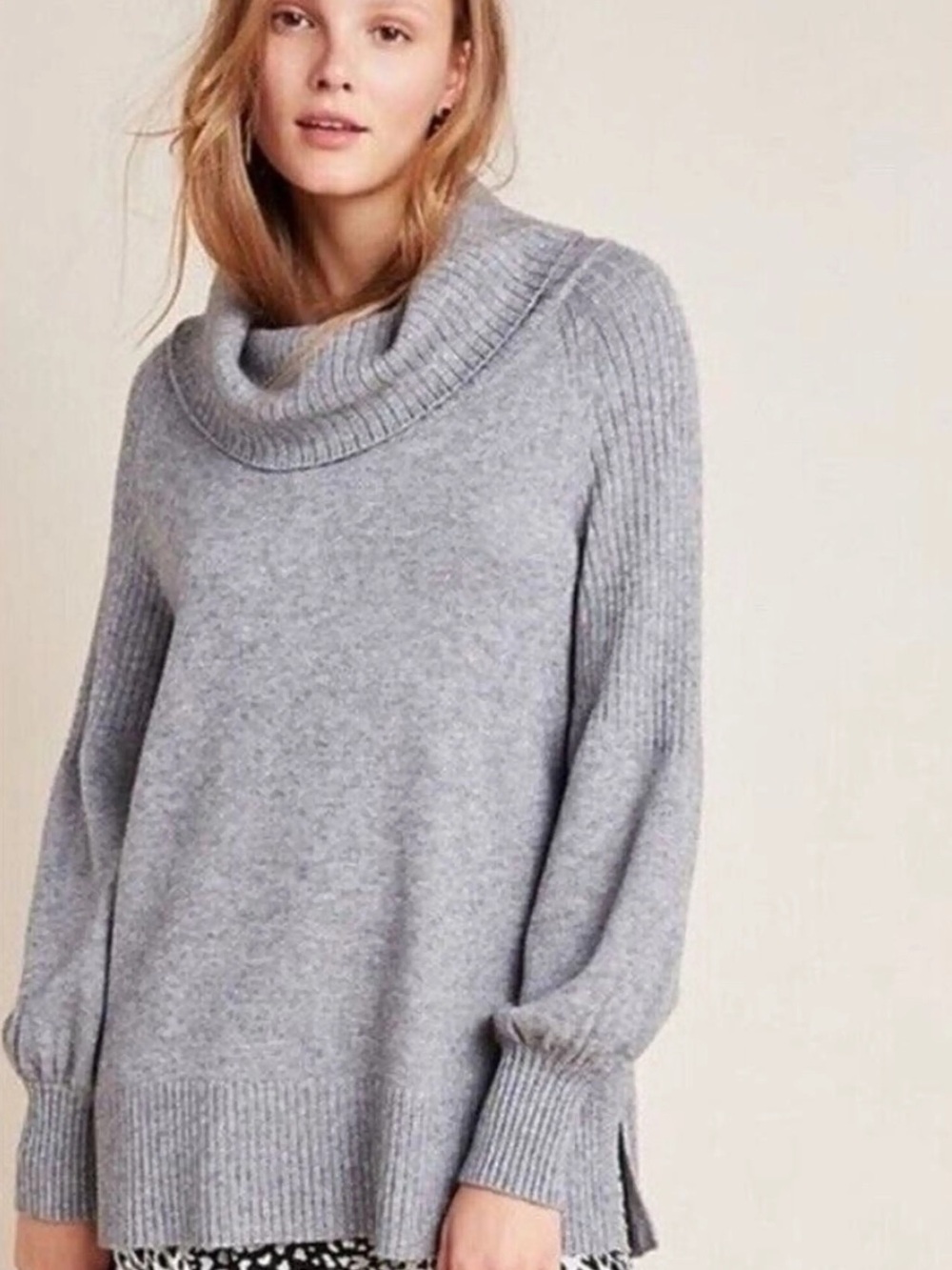 Anthropologie Light Gray Cowlneck Ribbed Sleeve Sweater